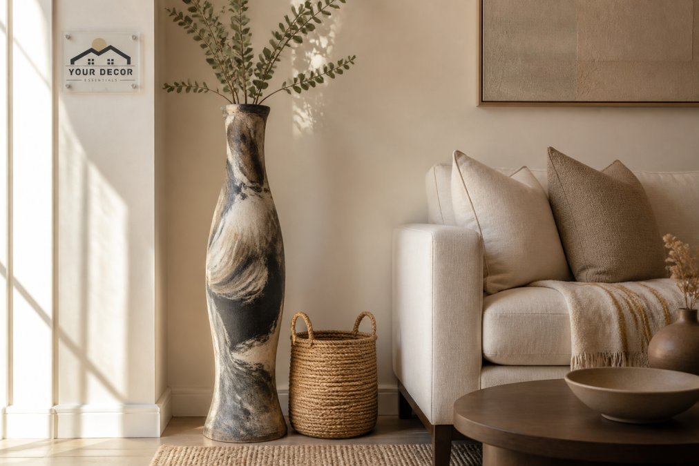 Sunlit living room corner with a tall sculptural resin floor vase styled beside a neutral linen sofa and woven basket