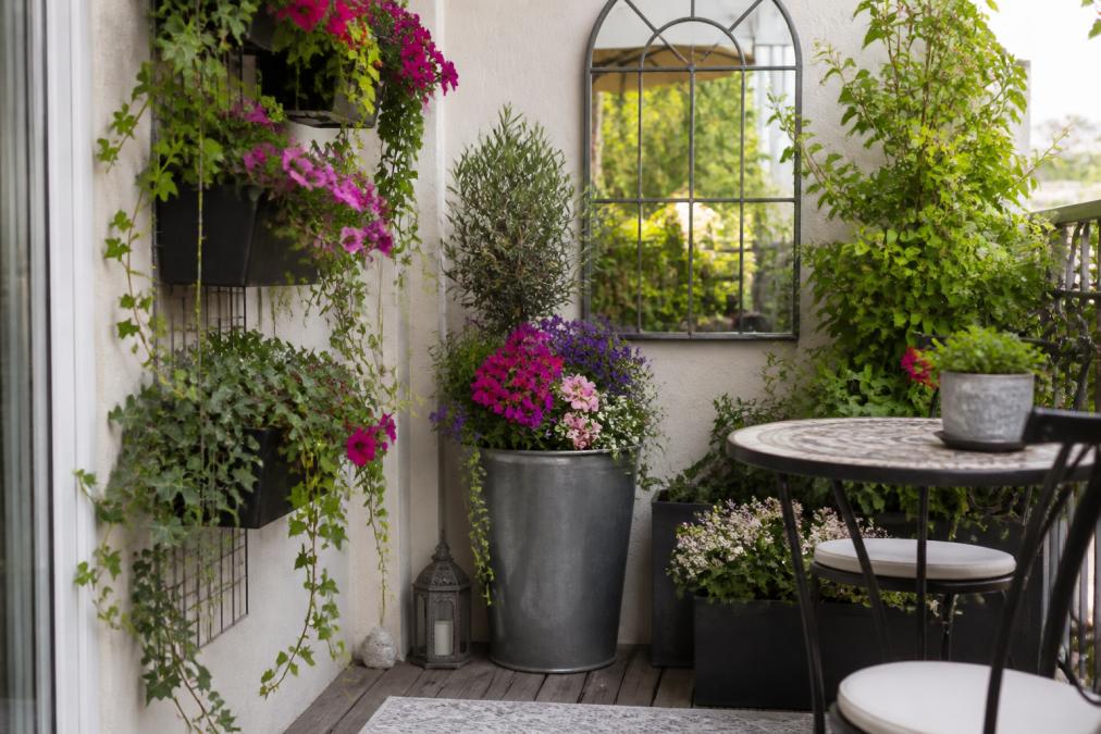A compact balcony or patio corner featuring vertical wall planters with trailing ivy and petunias, a tall galvanised planter with vibrant flowers positioned against the wall, and a decorative mirror reflecting greenery to create visual depth and brightness