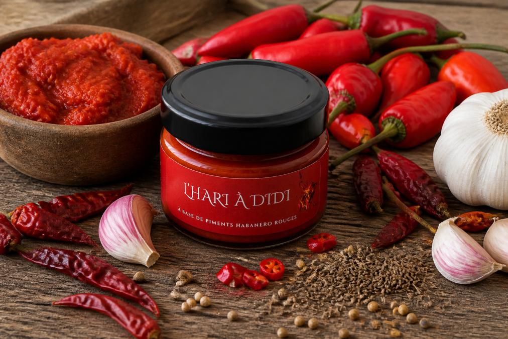 Close-up of a rustic wooden bowl filled with vibrant red artisanal harissa paste, surrounded by fresh red chili peppers, garlic cloves, coriander seeds, and caraway seeds scattered on weathered wood