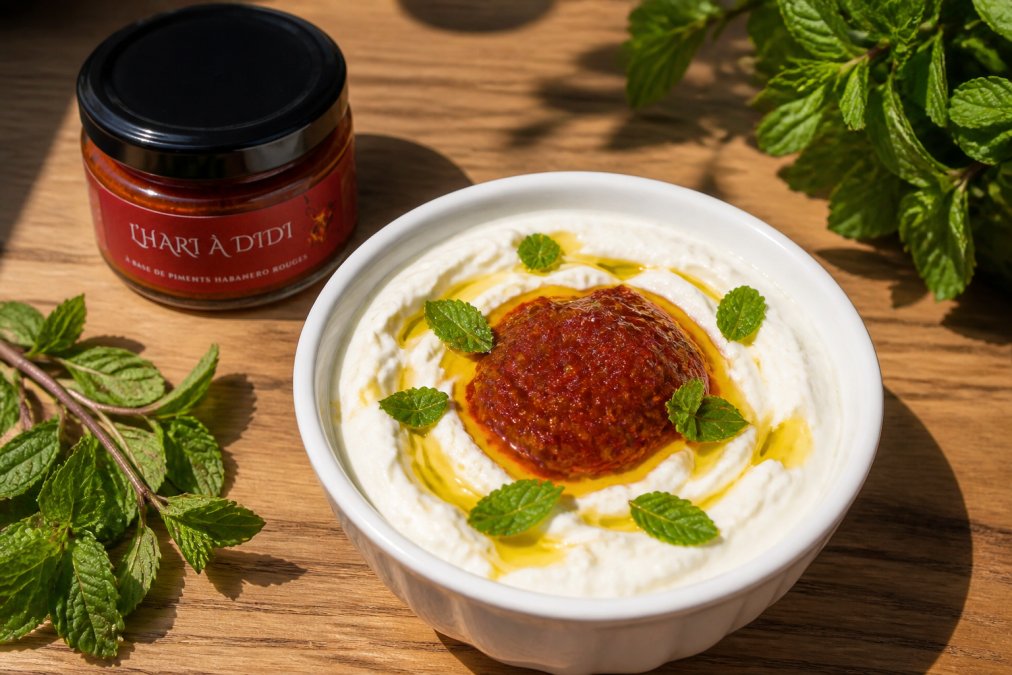Creamy white yogurt or fresh cheese in a white bowl with a generous dollop of vibrant red artisanal harissa on top, drizzled with golden olive oil, fresh mint leaves scattered around, natural daylight from above