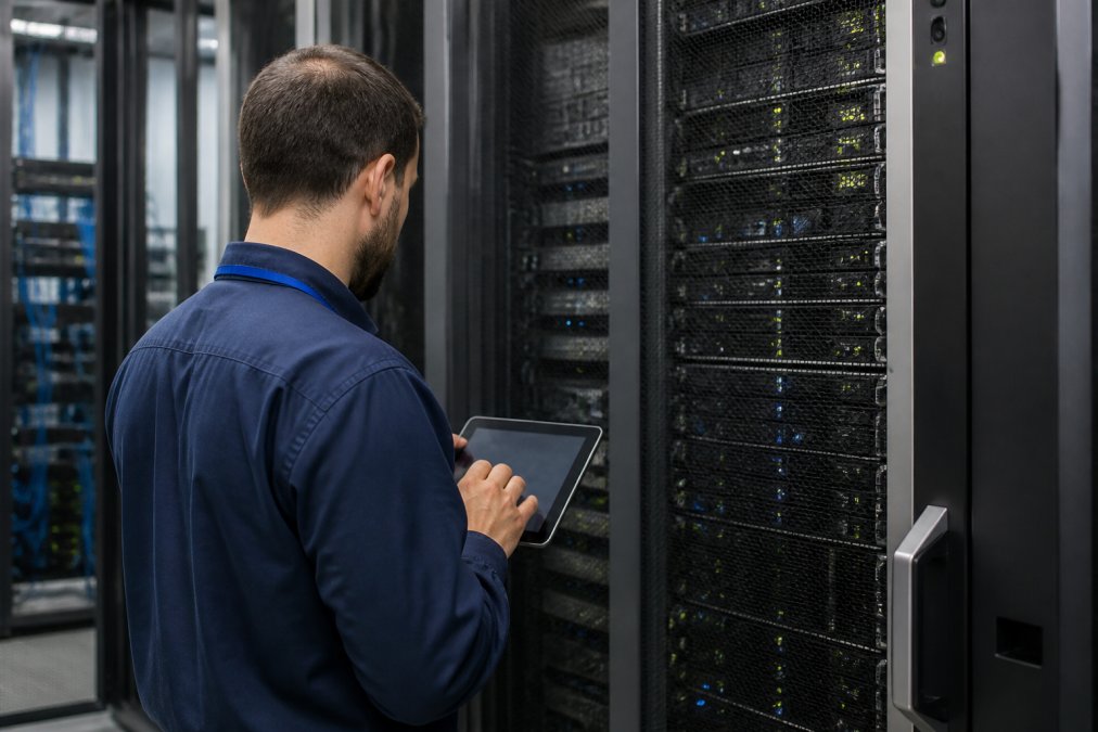 Technician monitoring server performance for high traffic e-commerce in a modern data center rack room