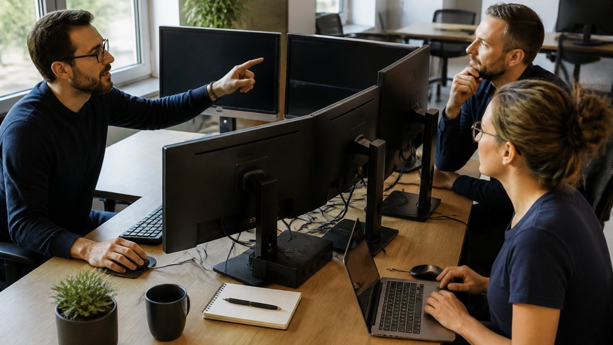 Agency team reviewing dedicated server hosting metrics on dashboard monitors in a modern sunlit office