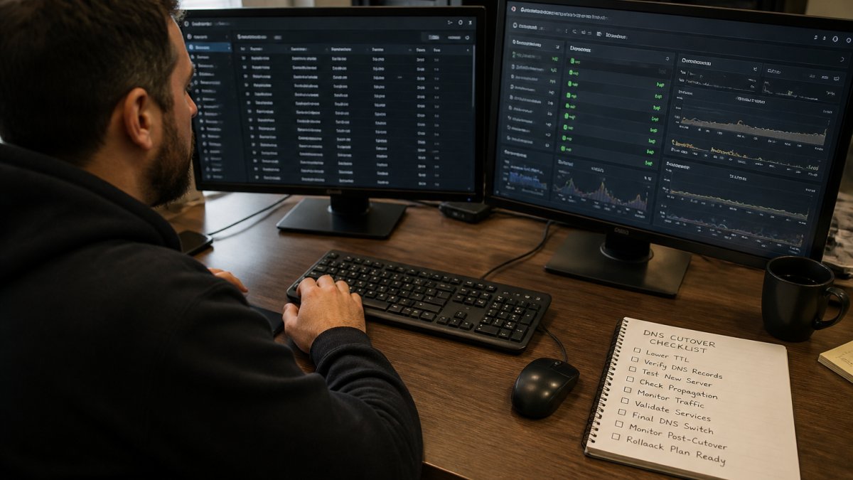 Agency engineer at a desk with two monitors showing DNS records and server status dashboards, notebook with a handwritten cutover checklist beside the keyboard