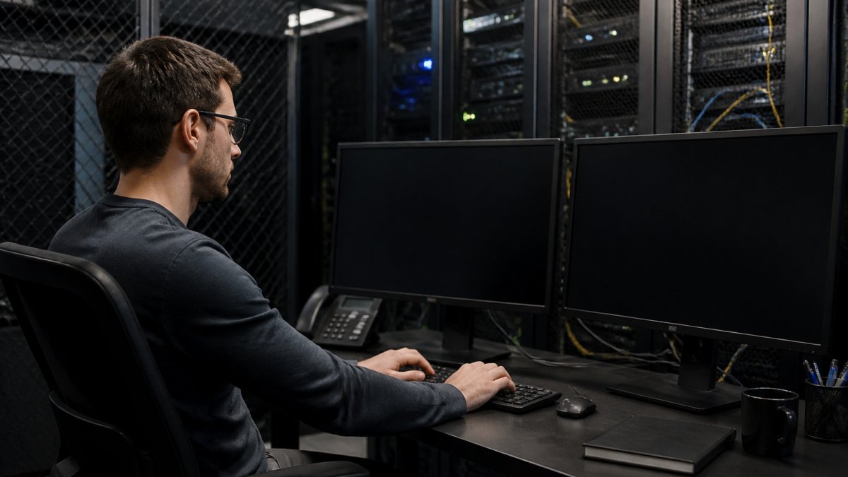 System administrator monitoring dedicated server uptime dashboards in a dimly lit network operations center.
