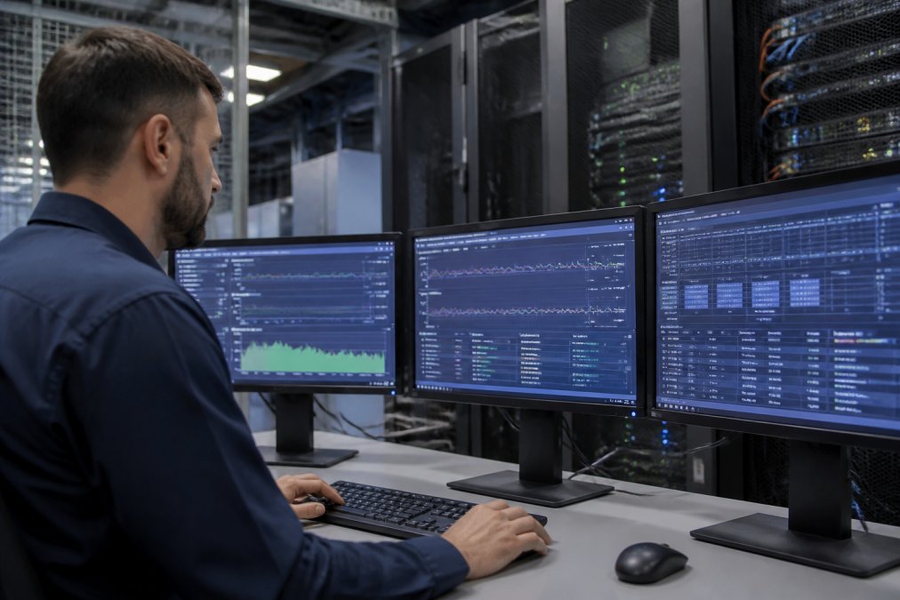 Professional data center technician monitoring real-time server performance metrics on multiple displays showing CPU, GPU, and memory use in a climate-controlled facility