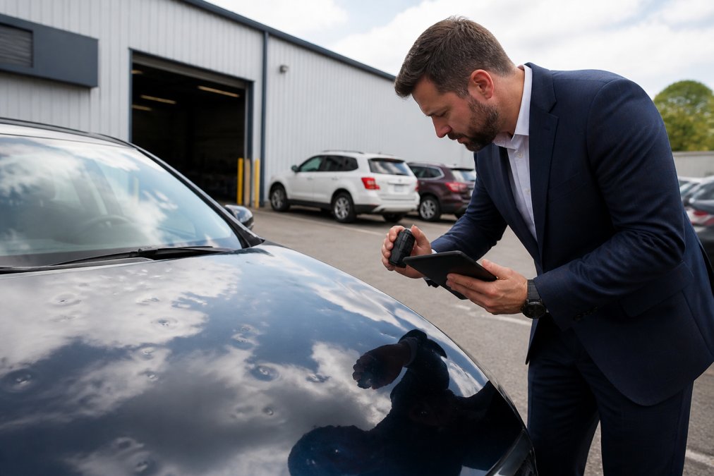 Insurance adjuster in professional attire inspecting hail dents on a vehicle's hood in a repair shop parking lot, holding a tablet and taking photographs of damage