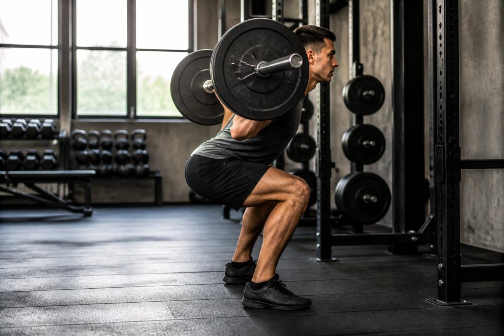 An athlete performing a deep squat with a barbell on their back, viewed from the side in a well-lit gym, knees tracking over toes with a neutral spine