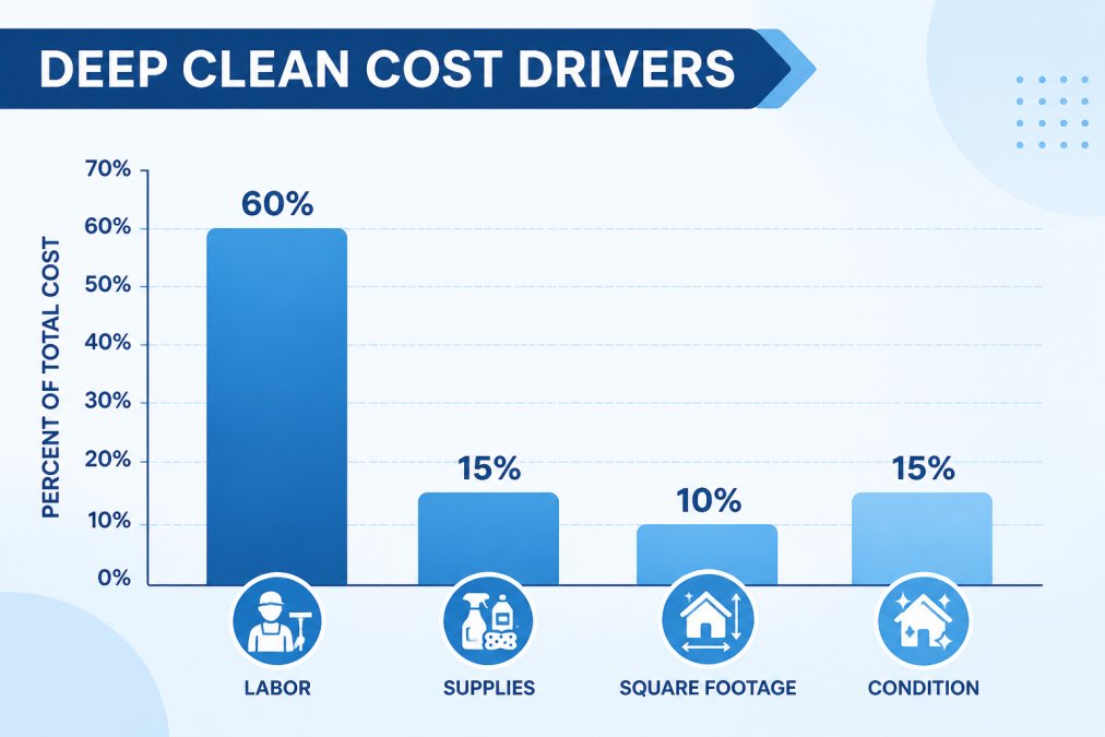 Bar chart showing relative deep clean cost drivers: labor 60%, supplies 15%, square footage 10%, condition 15%