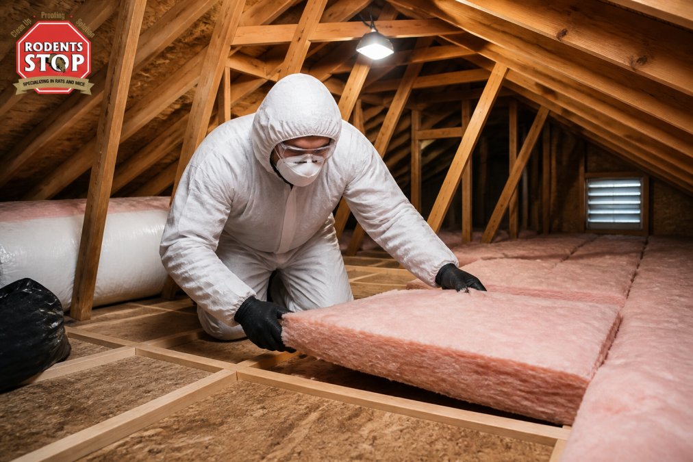 Professional technician in full protective equipment installing fresh fiberglass insulation batts in clean, sanitized attic space with proper lighting and ventilation