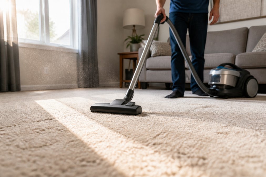 Person using a HEPA-filter vacuum for deep cleaning carpets for allergy relief in a bright living room.