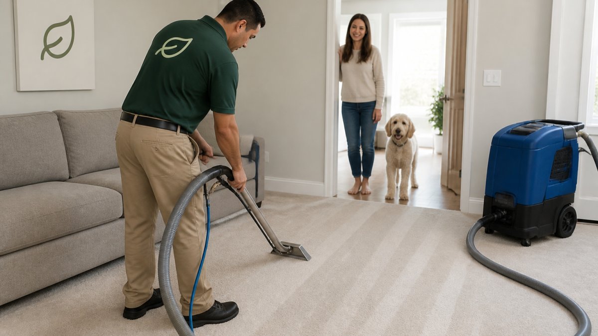 A technician in a clean uniform using a hot water extraction wand on a light-colored living room carpet, with a homeowner and a dog watching from the doorway of a bright, tidy home