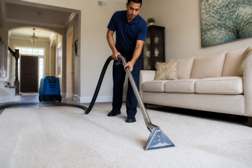 Technician deep cleaning carpets with a hot water extraction machine in a bright living room