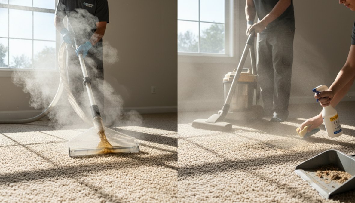 A professional carpet cleaning technician in a blue uniform operating a truck-mounted hot water extraction wand on a light-colored residential carpet in a sunlit living room, with visible steam rising from the carpet surface and a bright window in the background