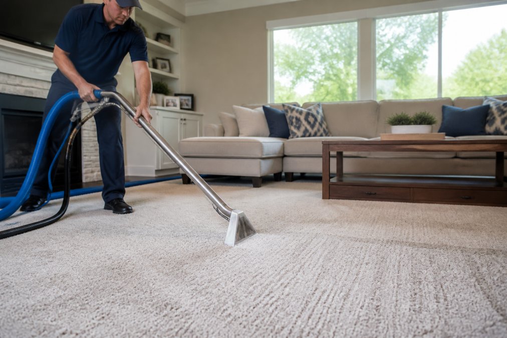 Professional carpet cleaning technician using truck-mounted extraction equipment on residential carpet, demonstrating deep cleaning method with visible water extraction