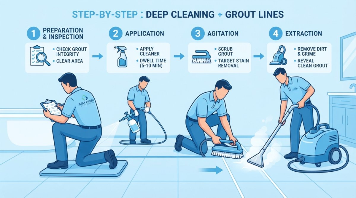 Professional technician using angled grout brush to clean tile grout lines in bathroom, demonstrating proper technique and posture with steam equipment visible in background