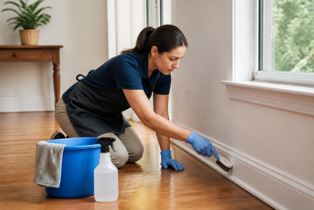 Professional cleaner wearing protective gloves and apron thoroughly cleaning baseboards and window tracks in a bright residential room with natural lighting