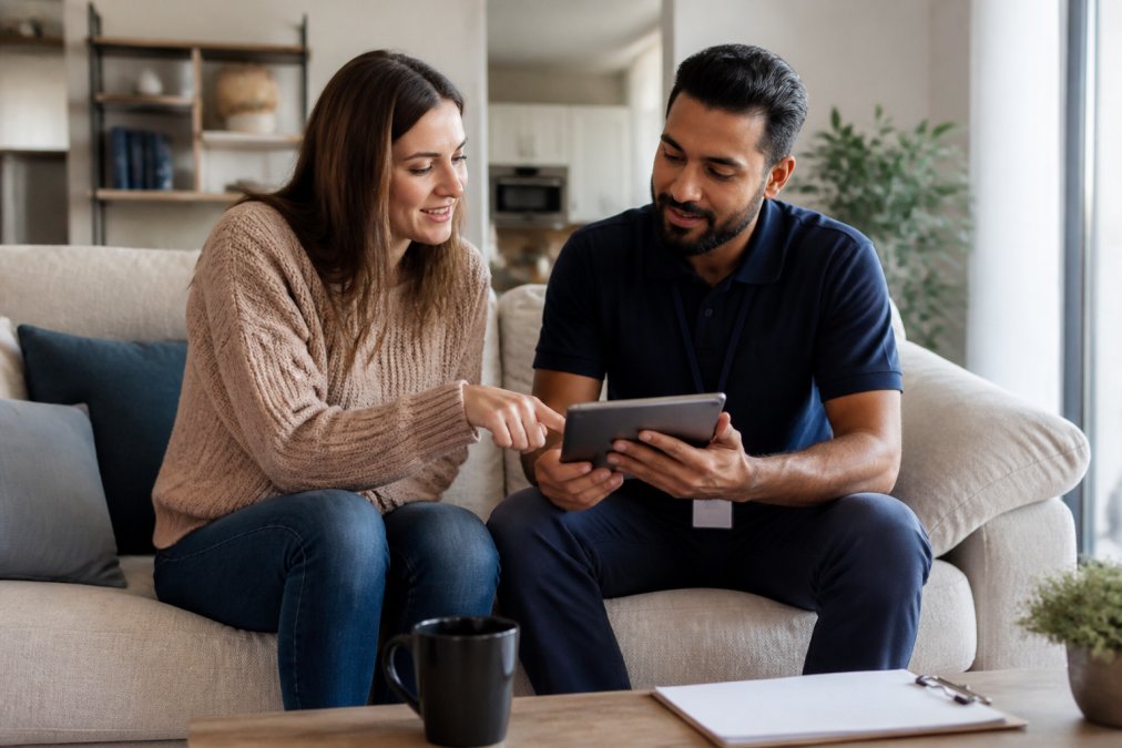 Homeowner discussing cleaning needs with a professional service provider in a bright living room, both reviewing notes and details on a tablet while sitting on the sofa