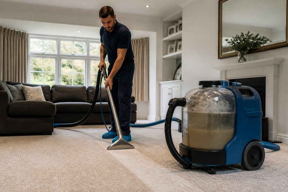 Professional technician using industrial hot water extraction equipment on a residential carpet, with dirty water visible being extracted into a collection tank, modern home setting