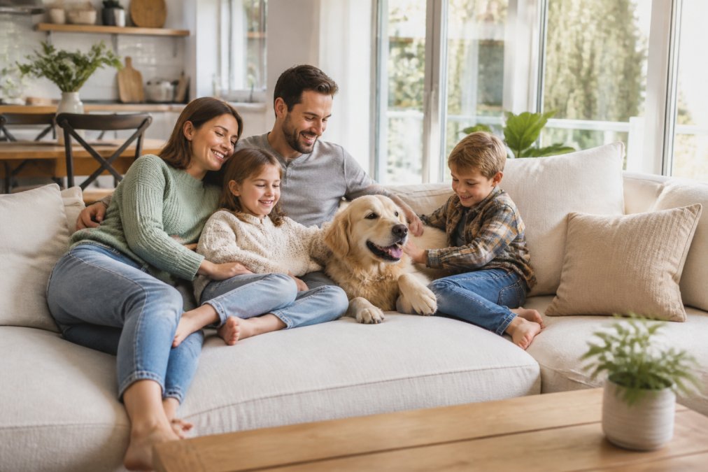 Family with two young children and a pet dog sitting comfortably on freshly cleaned upholstery in a bright, modern living room with natural sunlight streaming through windows