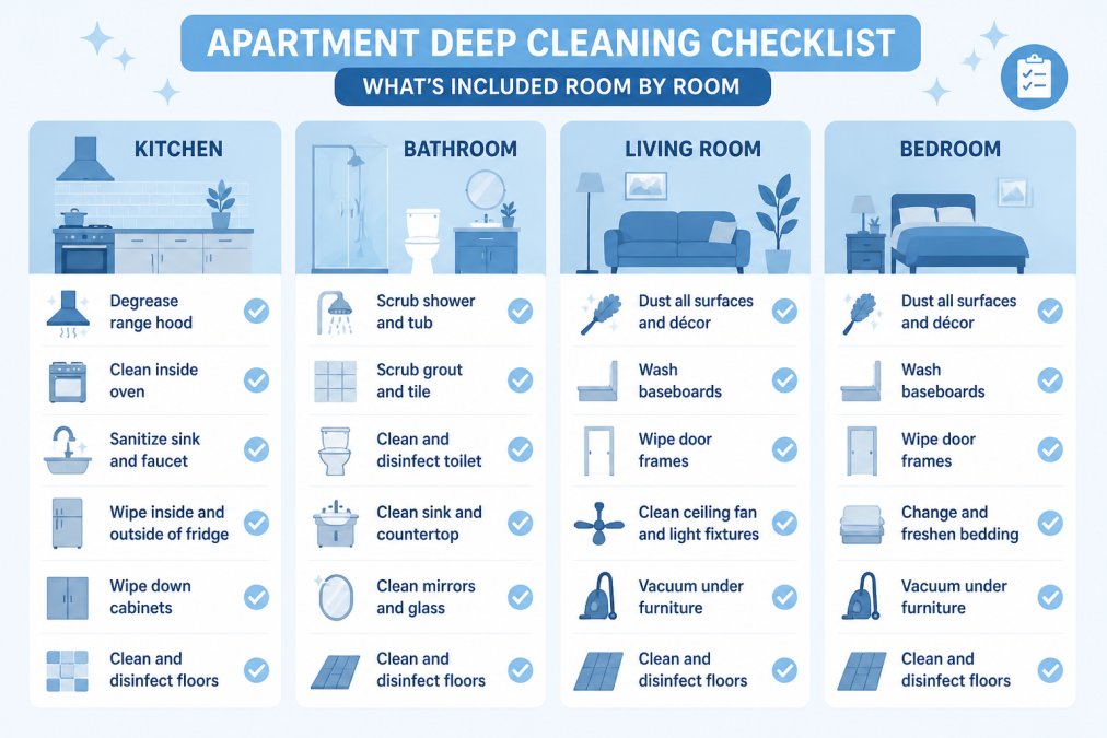 Room-by-room checklist diagram with four columns labeled Kitchen, Bathroom, Living Room, Bedroom, each listing tasks such as degrease range hood, scrub grout, wash baseboards, clean inside oven, wipe door frames, vacuum under furniture