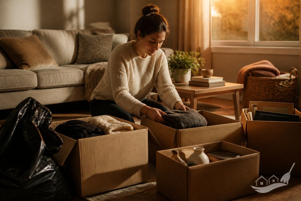 A homeowner sorting household items into labeled cardboard boxes in a cluttered living room, warm afternoon light streaming through a window, cinematic golden tones