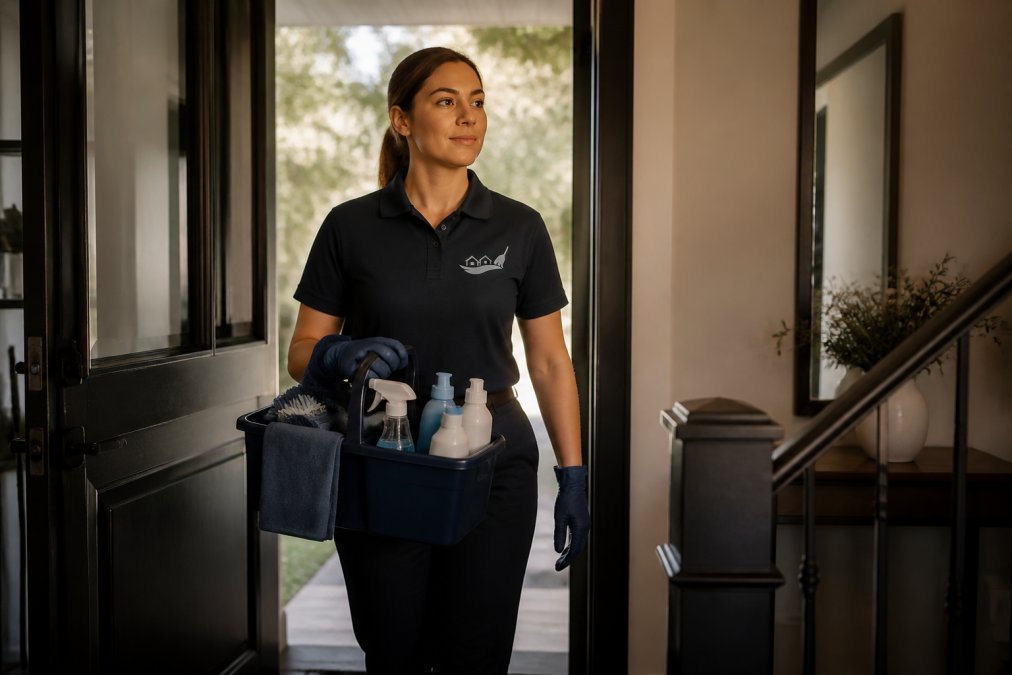 A professional cleaner in a clean uniform and gloves carrying a caddy of cleaning supplies through the front doorway of a residential home, calm expression, soft natural light from the entrance