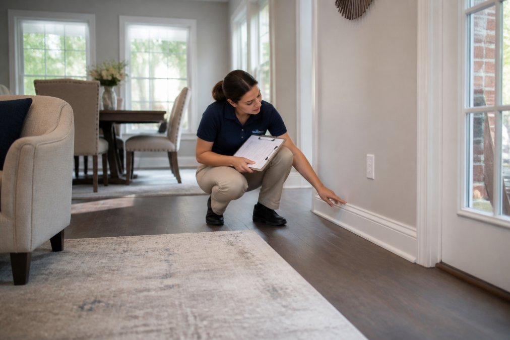 Professional cleaning service representative examining a spacious multi-room home interior with clipboard, carefully inspecting baseboards, corners, and hard-to-reach areas to assess cleaning scope
