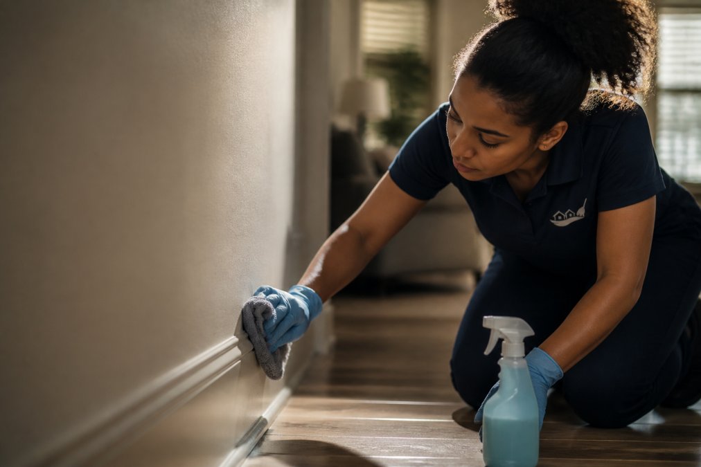 Professional cleaner wiping down baseboards and lower wall areas with meticulous attention to detail, showing focused work on often-neglected surfaces with microfiber cloth and cleaning solution