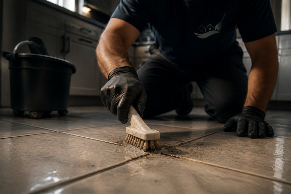 Professional cleaner demonstrating deep cleaning technique on tile grout with specialized brush, showing the intensive scrubbing work that removes years of buildup and discoloration