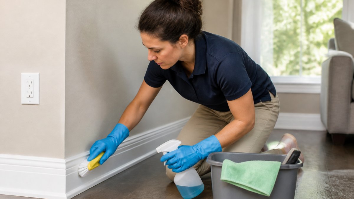 Professional cleaner scrubbing baseboards and lower wall surfaces with a brush and cleaning solution in a residential living room with natural sunlight
