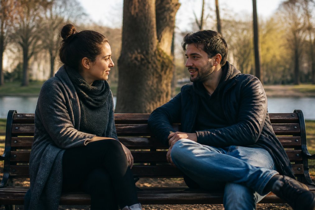 Two people sitting on a park bench in afternoon sunlight, leaning toward each other in conversation, both appearing engaged and relaxed with natural body language suggesting deep listening