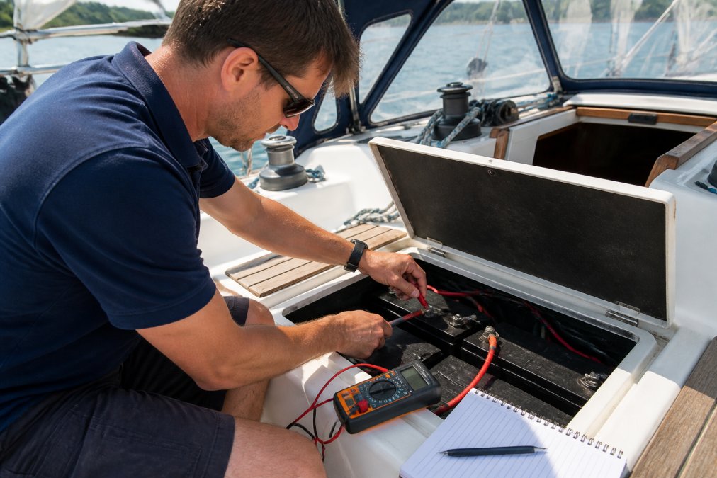 Boater checking electrical equipment on a sailboat, reviewing battery terminals and wiring connections in bright daylight, with a multimeter and notebook visible