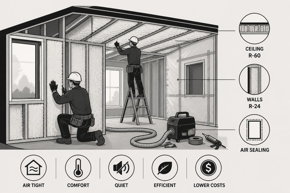 Interior view of a home undergoing energy retrofit work, showing dense insulation being installed between wall studs and ceiling joists, with workers in safety gear and hard hats preparing the building envelope for air sealing