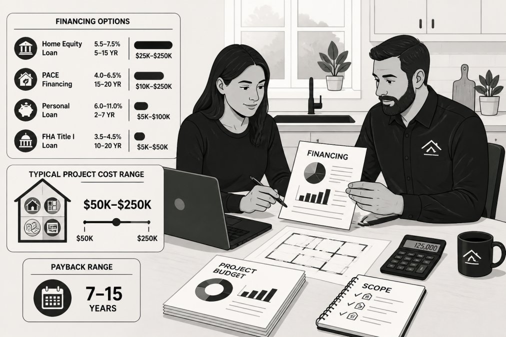 Homeowner and professional contractor reviewing energy retrofit project documents and financing paperwork at a kitchen table with laptop, calculator, and building plans visible in natural daylight