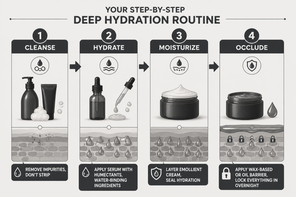 Flowchart showing four-step deep hydration sequence: Step 1 Cleanse (Remove impurities, don't strip) → Step 2 Hydrate (Apply serum with humectants, water-binding ingredients) → Step 3 Moisturize (Layer emollient cream, seal hydration) → Step 4 Occlude (Apply wax-based or oil barrier, lock everything in overnight)