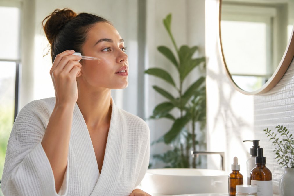 A woman with a fresh, hydrated complexion applying serum in a bright, modern bathroom, with natural light streaming in and clean skincare products visible on the counter