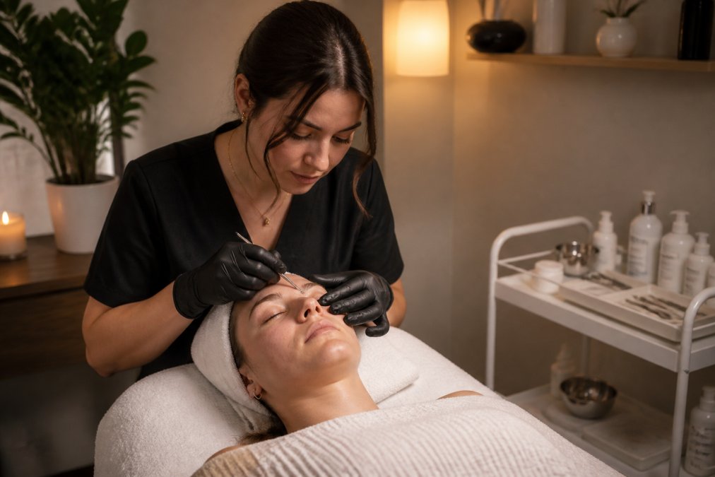 Esthetician performing a deep pore facial on a client in a serene, softly-lit spa treatment room