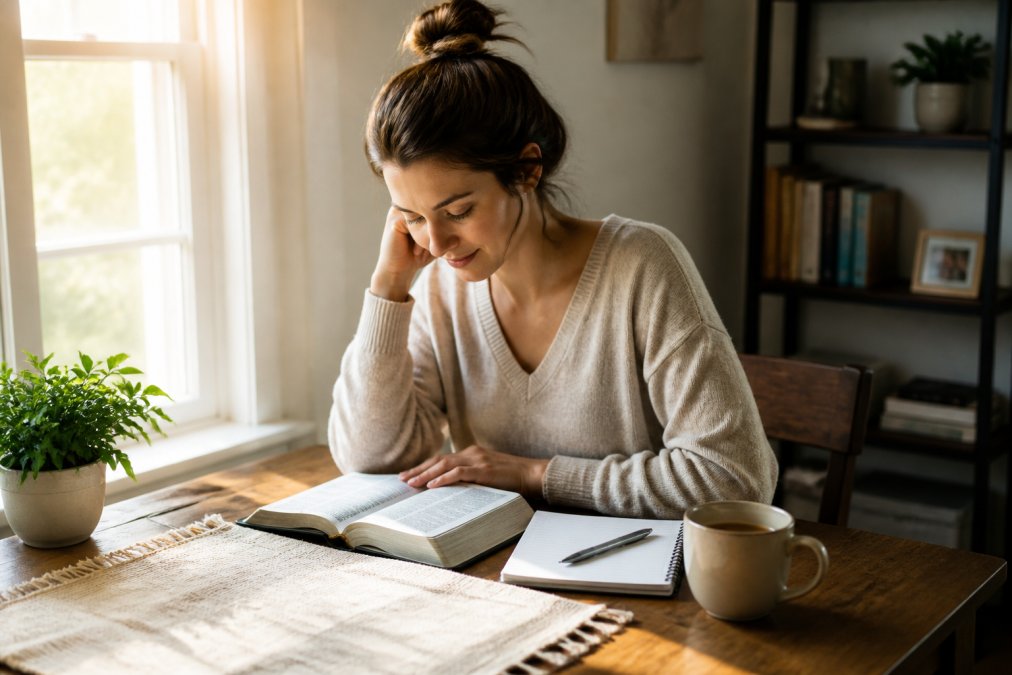Person focused on deep scripture study for busy adults at a desk with a Bible and coffee in morning light