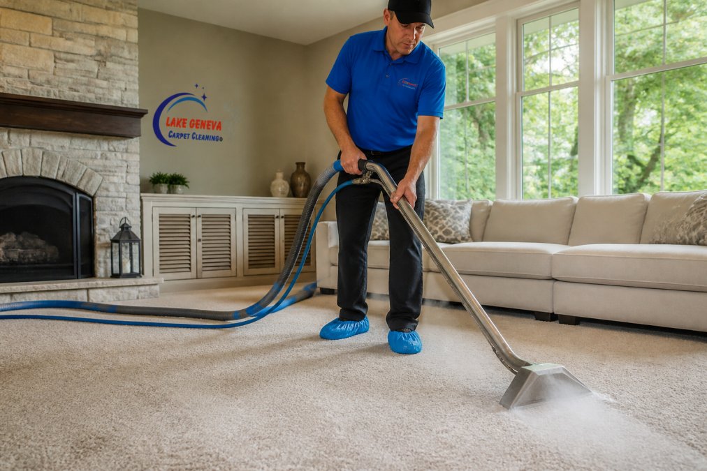 A professional carpet cleaner using a wand attachment on a carpeted living room floor, with visible water spray and extraction, in a bright home setting