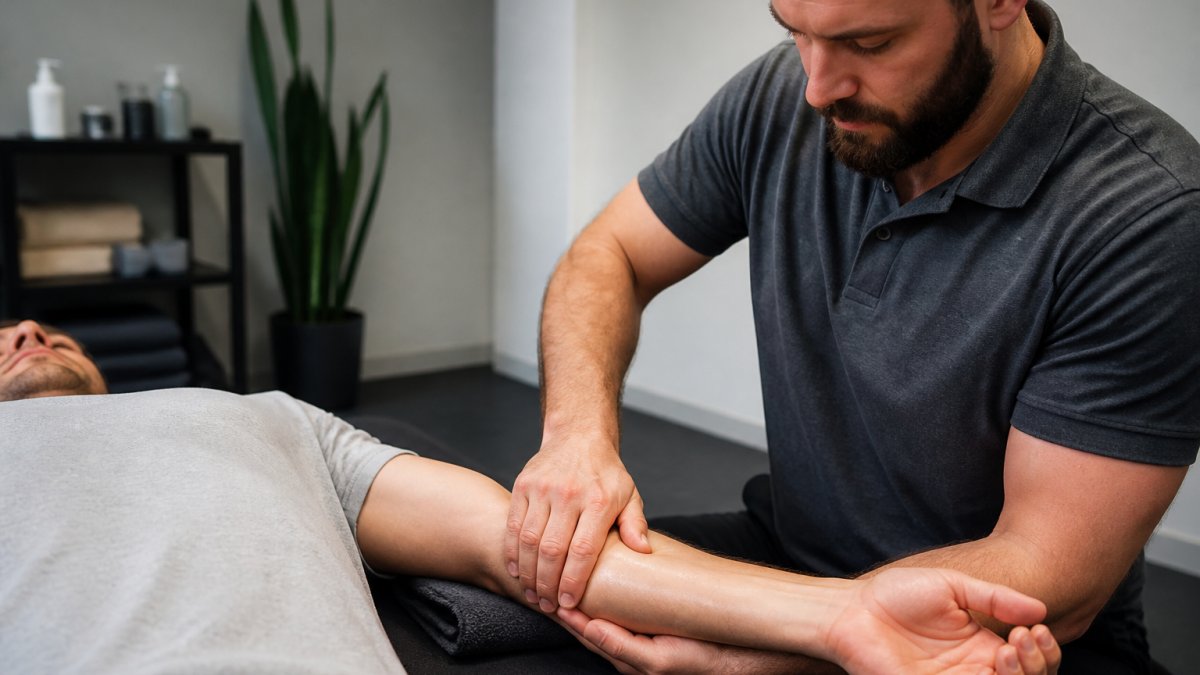Massage therapist performing deep tissue forearm techniques in a clinic