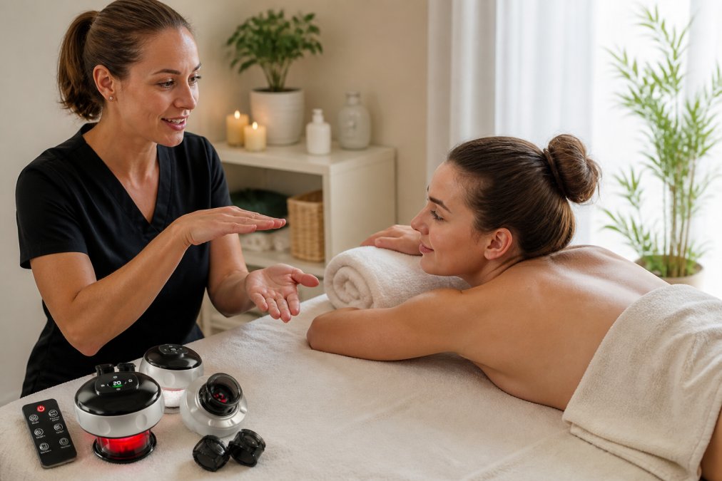 Professional massage therapist and client communicating during session, therapist explaining pressure options with hand gestures while client provides feedback with relaxed expression in well-lit clinical setting