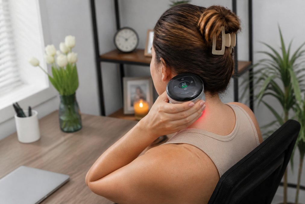 Person using handheld massage device on neck and shoulder area while seated at desk, demonstrating proper technique with relaxed posture in home office setting
