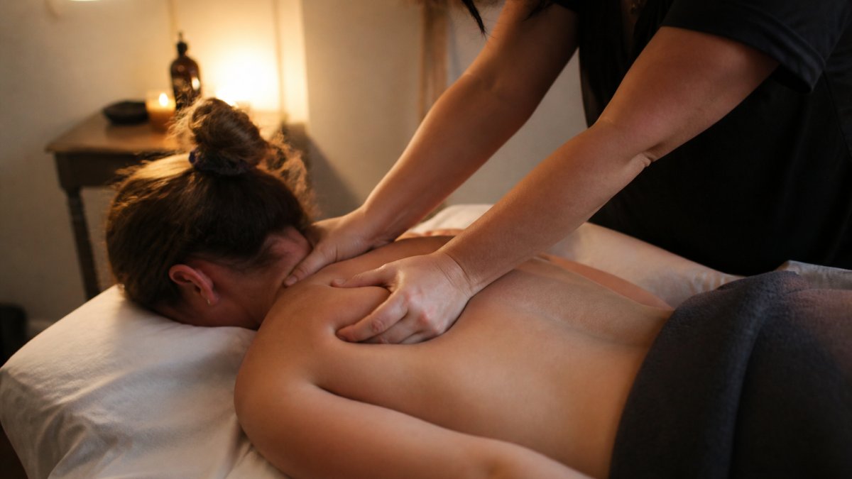 Professional massage therapist's hands working on client's upper back and shoulder muscles during a deep tissue session, warm lighting from above
