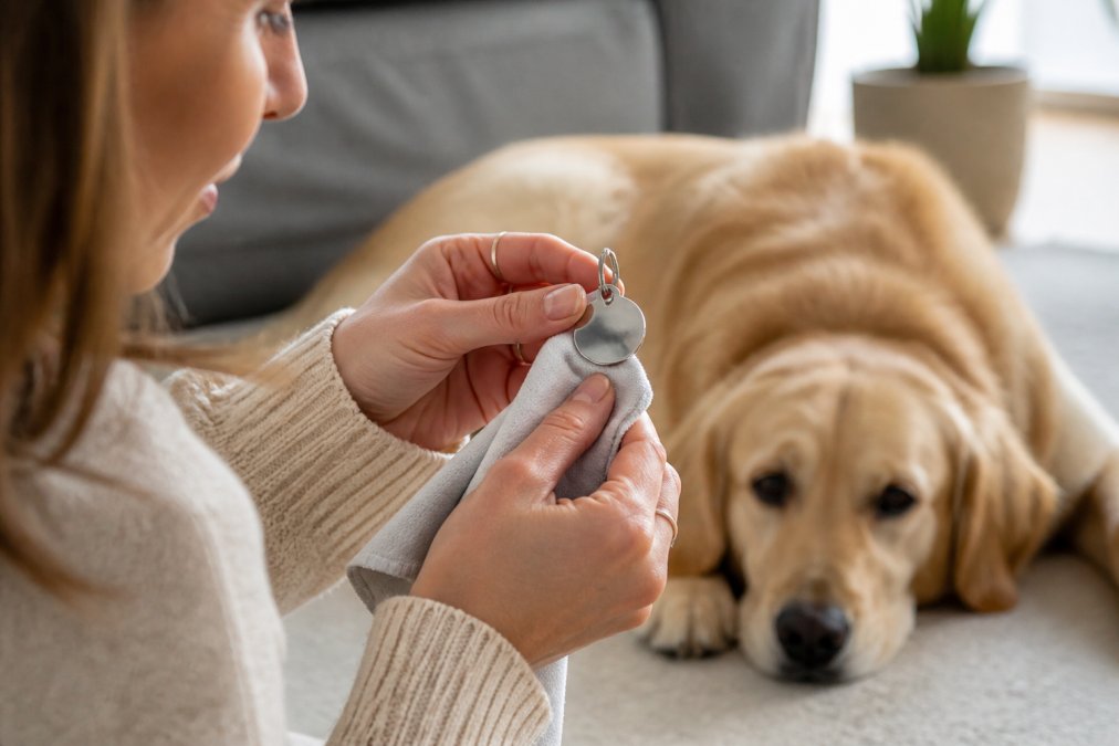 Close-up of hands gently cleaning a stainless steel pet ID tag with a soft cloth, the engraved lettering clearly visible, with a dog resting nearby in a bright home setting