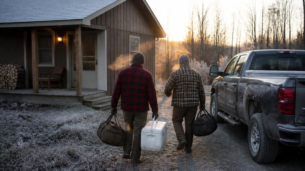 Two hunters carrying gear toward a frosty cabin at dawn near a truck