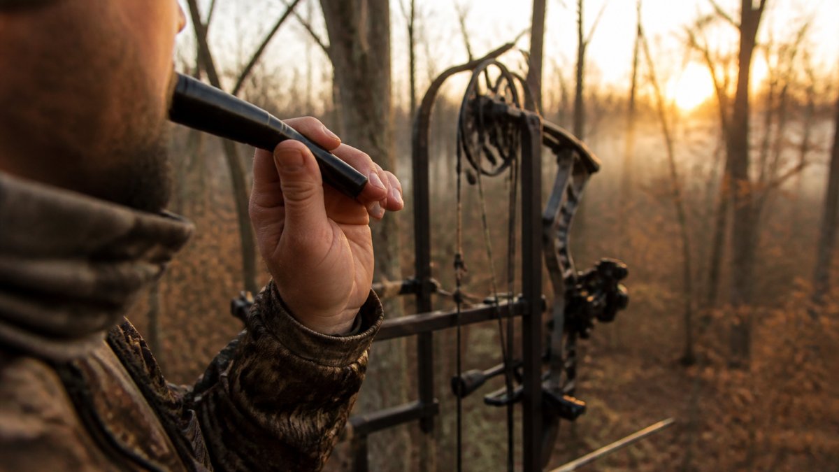 Hunter in camouflage using a deer grunt call while waiting in a tree stand at sunrise