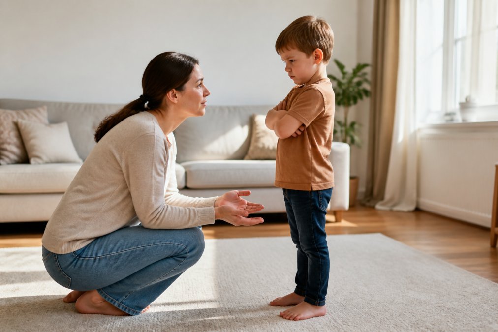 Eine Erwachsene kniet vor einem aufgebrachten Kind, hält Blickkontakt auf Augenhöhe, Hände sichtbar und entspannt, ruhige offene Körperhaltung, helles Wohnzimmer mit weichem Tageslicht
