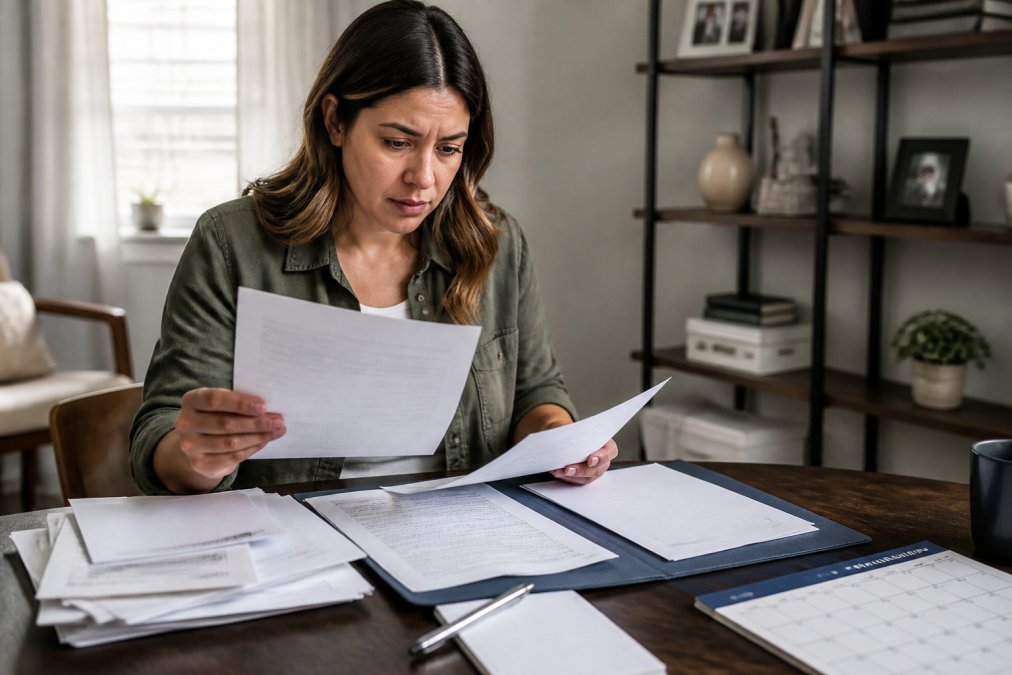Person reviewing legal documents and court papers at a desk with a calendar and pen, showing careful attention to detail and urgency in a home office setting