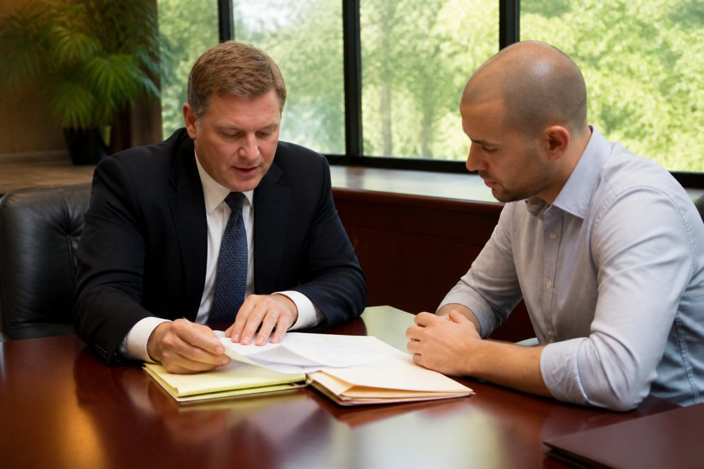 Criminal defense attorney reviewing case files and evidence documents with client in law office conference room, natural lighting from windows
