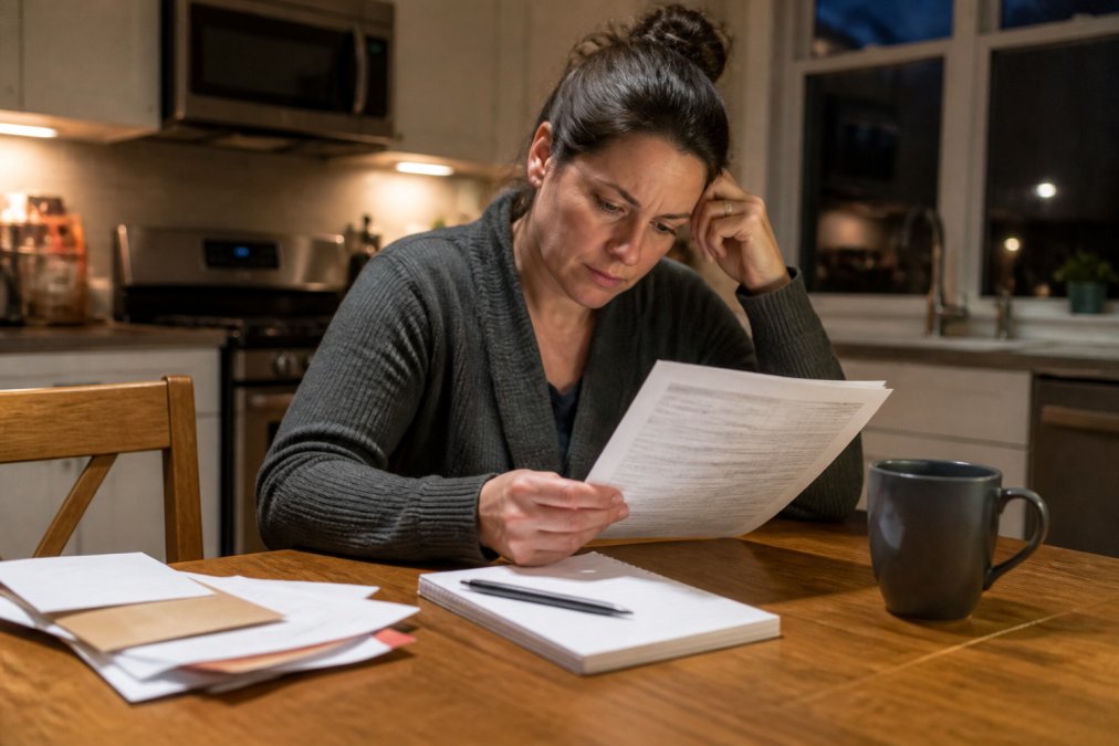 A person sitting at a kitchen table at night, reading a court document with a pen and notepad beside them, a stack of mail and a coffee mug nearby